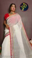 New Linen Cotton Sari With Unstitched Blouse Piece Party Wedding Wear For Women
