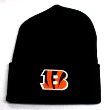 Cincinnati Bengals flat applique logo on Black beanie cap hat. See details