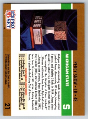 1990 Pro Set #21 Percy Snow Michigan State Spartans 1989 Lombardi