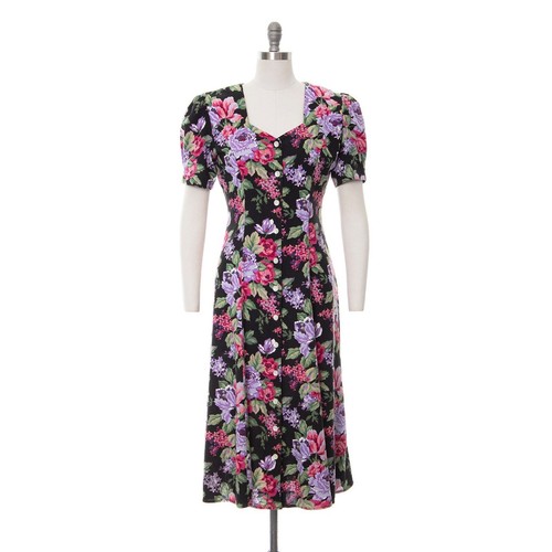 Vintage 1990s Shirt Dress 90s Metallic Floral Rose Print Black Pink Grunge Midi - Picture 2 of 10