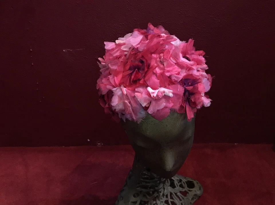 Винтажный розовый цветок шляпа тюрбан 1960-х 1950-х Bes Ben 40-х цветы Cloche - Изображение 2 из 4