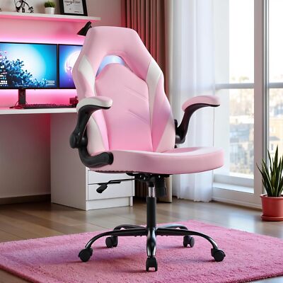 Gaming Desk Chair Swivel Racing Chair with Flip-up Armrests for Home Office Pink