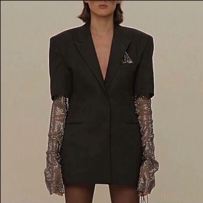 Womens 2022 New Fashion Lapel Diamante Mesh Stitching Sleeves Blazer Jacket  b59 | eBay