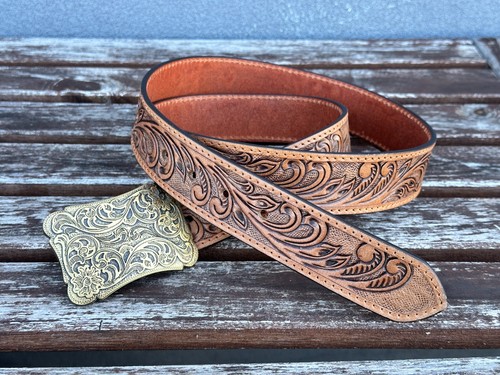 Western Gürtel Handarbeit Herren Vollnarbenleder mit Schnalle Cowboy Rodeo Floral - Bild 4 von 10