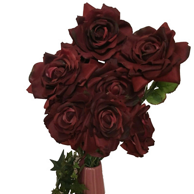 Lot of 8 Large 5'' Open Burgundy Roses Bouquet Silk Flowers Home Decor Christmas