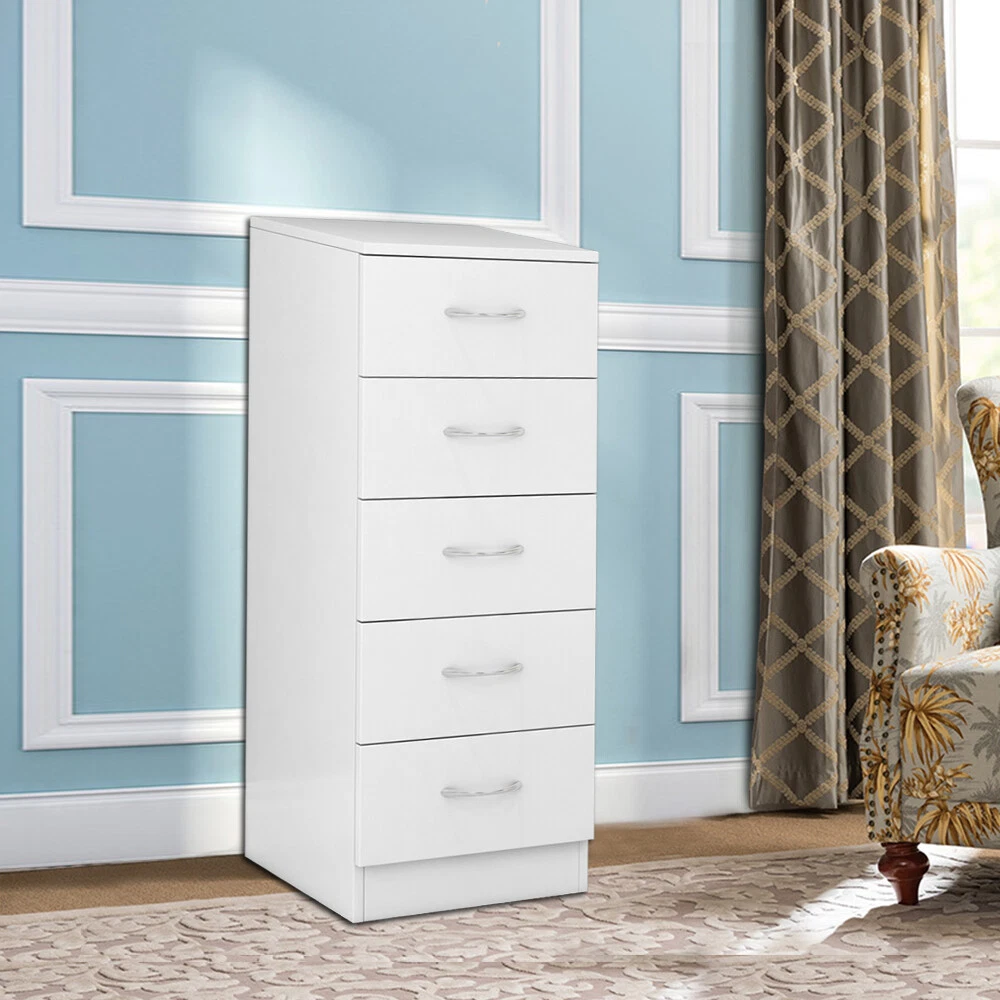 Chest of 5 Drawers Tall Narrow With Handles Storage Nightstand