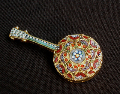 Broche Clip Micro Mosaïque Florentine - Décor Mandoline - Italie - Métal Doré