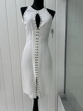 ROBERTO CAVALLI WHITE SILK DRESS SILVER GROMET KEYHOLE DRESS I 38 US 2