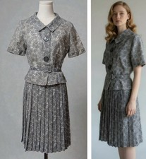 Vintage 50's Gray 2 Piece Pleated Skirt Short Top Belt Wasp Waist McArthur Ltd S