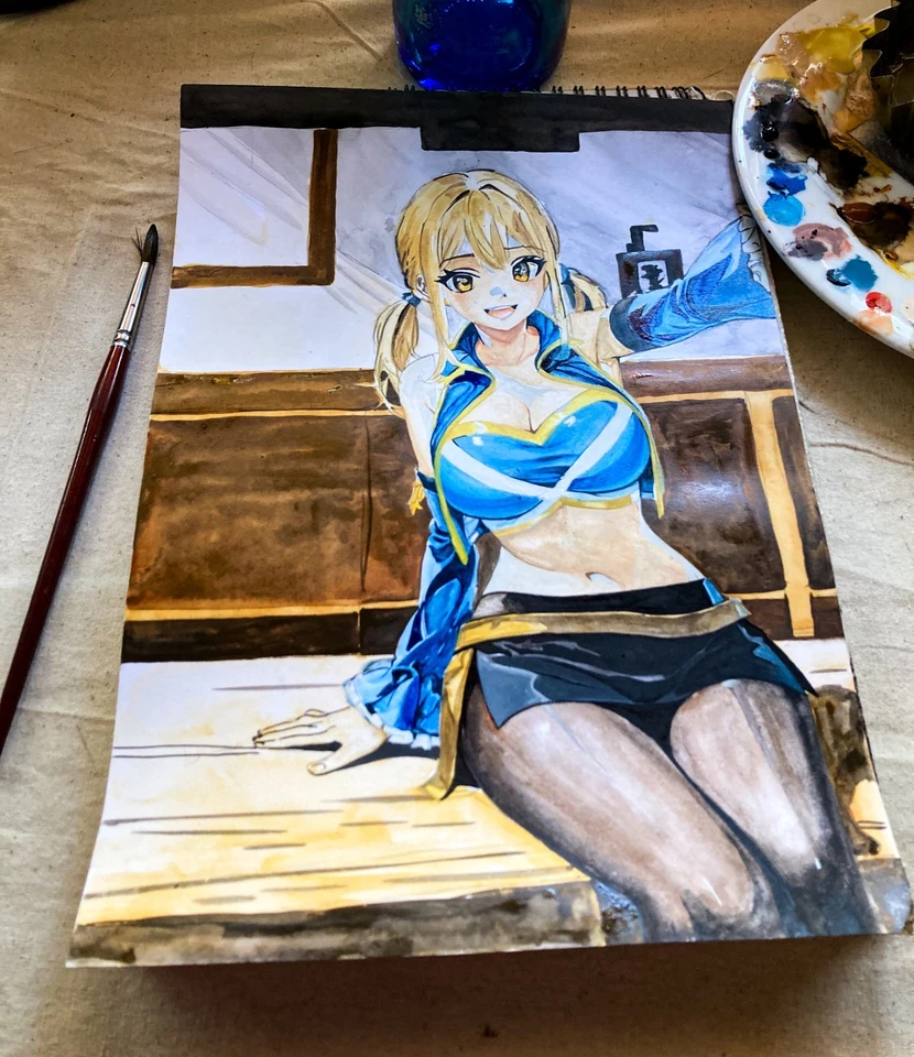 100% Dibujado a Mano 🔥"Lucy Heartfilia" Arte Acuarela Caliente Rubia Anime Niña Manga Foto 2 de 4