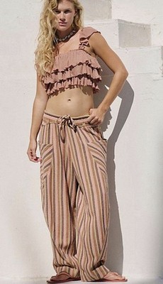 Free People Freehold Pants Striped Pull On Drawcord Pockets Citron Combo L NWT