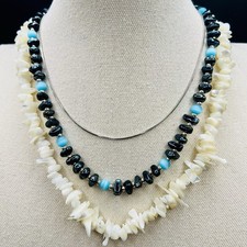 Boho Layered Necklace Set 3 Pc Shell Black Bead Turquoise Silver Chain Beach