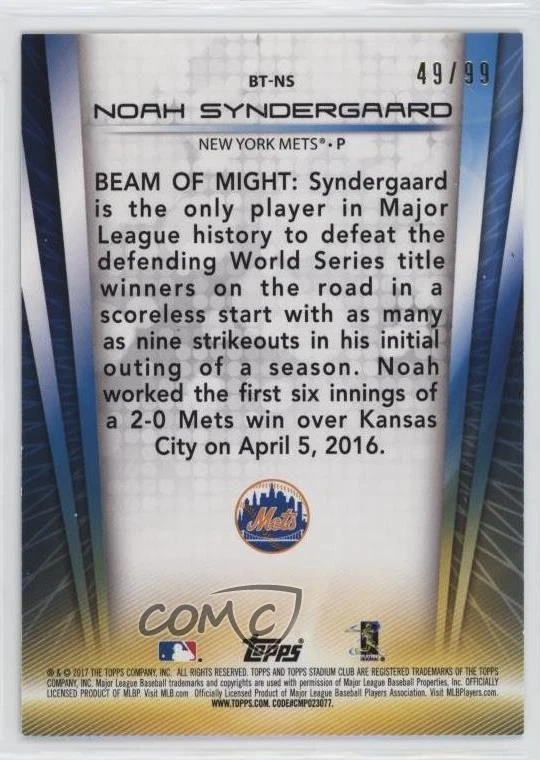 2017 Topps Stadium Club Beam Team Black Foil /99 Noah Syndergaard #BT-NS - Image 2 of 2