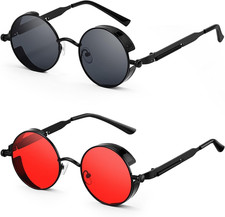 Retro Round Steampunk Sunglasses Metal Frame Red Black Lenses Men Women 2 Pairs