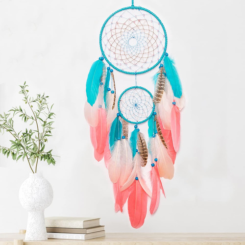 Dream Catcher with Pink Feathers and Blue Feathers Handmade Dream Catcher for Ki