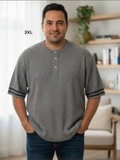 3XL Men's Heather Grey Ribbed Knit Short-Sleeve Henley Sweater