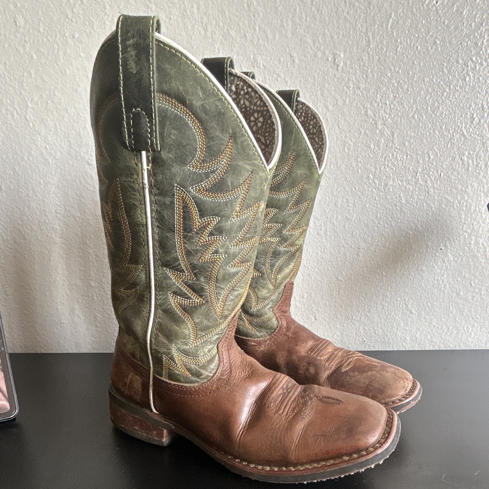 Laredo Women's Western Cowboy Boots Size 6.5 M Brown Green Leather Square Toe