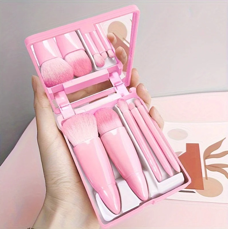 5Pcs Portable Makeup Brush Set With Mirror Foldable Mini Travel Cosmetic Kit
