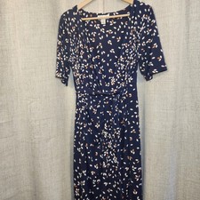 Motherhood Maternity Floral Faux Wrap Midi Dress Size L Navy Belt Tie 1/2 Sleeve