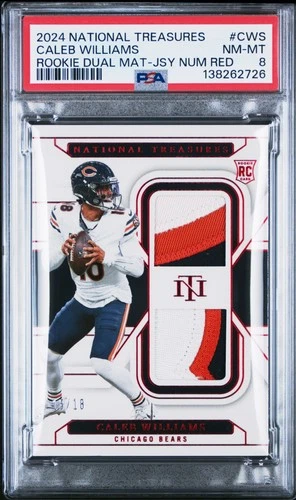2024 NATIONAL TREASURES ROOKIE DUAL MAT JERSEY NUM RED CALEB WILLIAMS /18 PSA 8