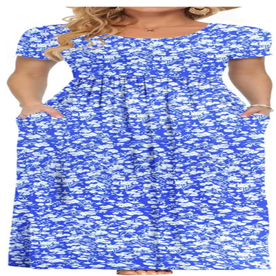 Sommerkleid Damen Kurzarm Lang Maxikleid Casual Freizeitkleid Taschen Sommer