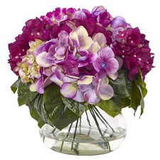 Nearly Natural Multi-Tone Beauty Hydrangea with Round Glass Vase