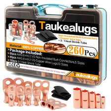 260Pcs AWG8 4 6 2 1/0 Gauge Battery Ring Terminals and Non-Insulated Butt Connec