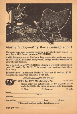 1955 TV GUIDE SUBSCRIPTION AD~MOTHER'S DAY~LOOKS LIKE EAMES CHAIR ? 5 X 7 