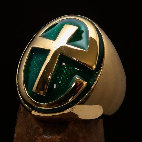 OVAL MENS BRASS BIKER RING MODERN CHRISTIAN CROSS CREST SYMBOL GREEN SIZE 8.5 - Picture 7 of 7