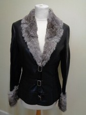 JANE NORRIS BLACK LEATHER JACKET WITH FUR TRIM DETAIL - SIZE 12 - WINTER