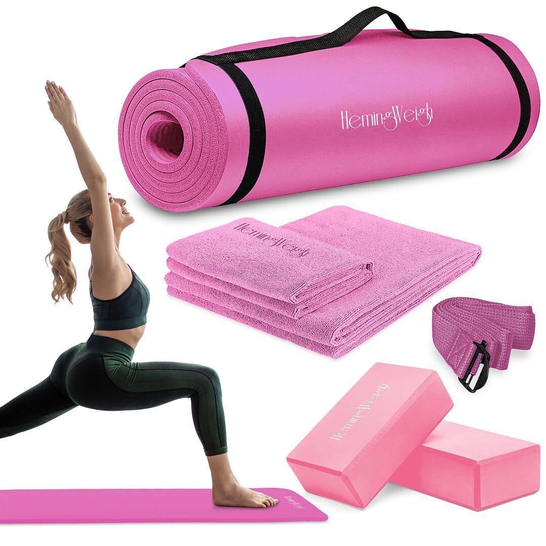 pink yoga mat set, yoga kit, 1/2 Inch Thick yoga mat pink style with pink acc...