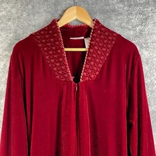 Adonna Robe Housecoat Women Medium Red Embroidered Velour Soft Full Zip Pockets