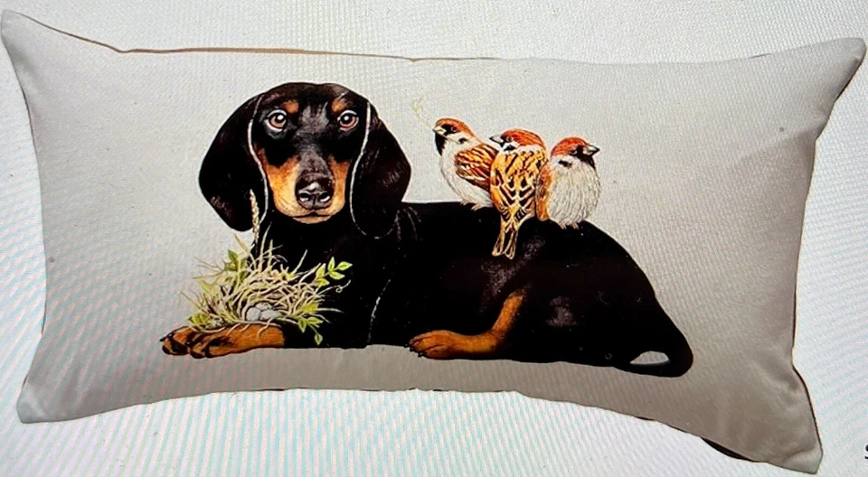 Creative Co-op Dachshund Dog with Birds Lumbar 26"x14” Pillow, New, Sealed Bag - Image 2 of 4