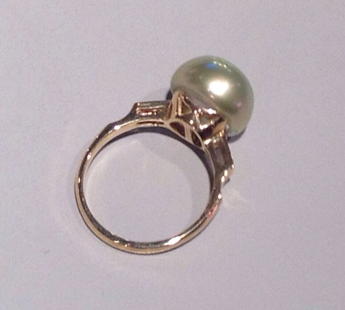 VINTAGE SOUTH SEA GREENISH/GREY 11.7MM PEARL & 14K GOLD & 6-DIAMOND RING Sz.6.5 - Picture 6 of 8