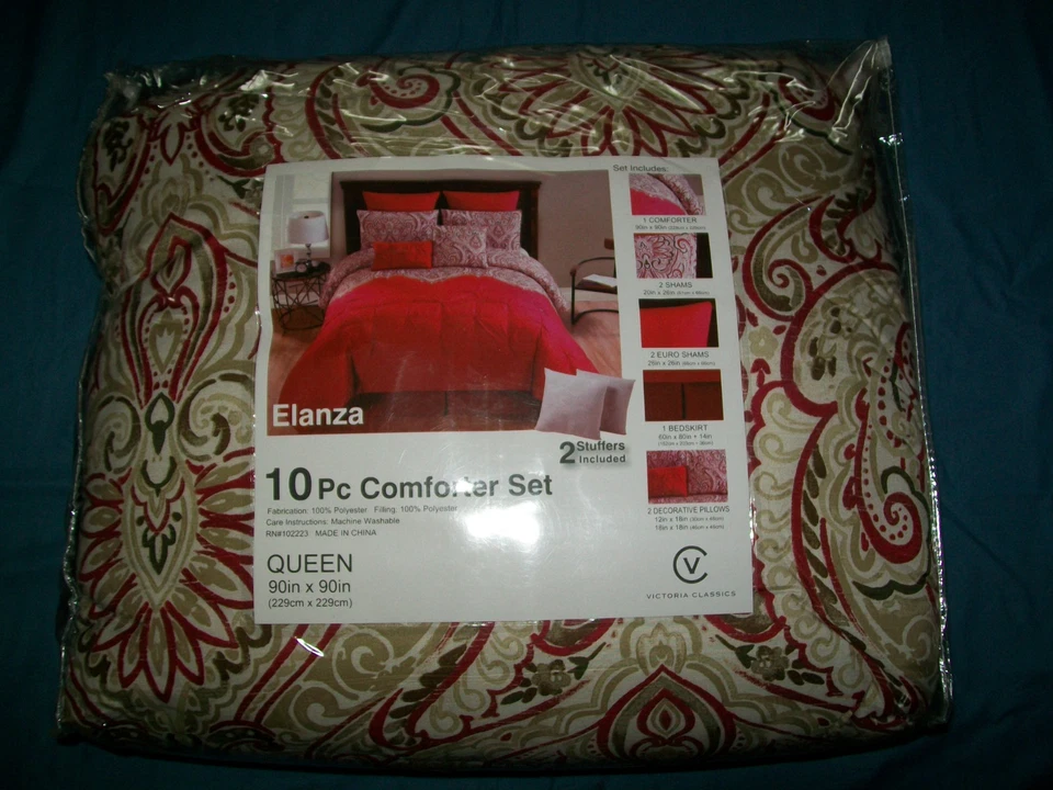 NEW 10 Piece Victoria Classics Elanza Red/Multi Polyester Queen Comforter Set - Image 2 of 4