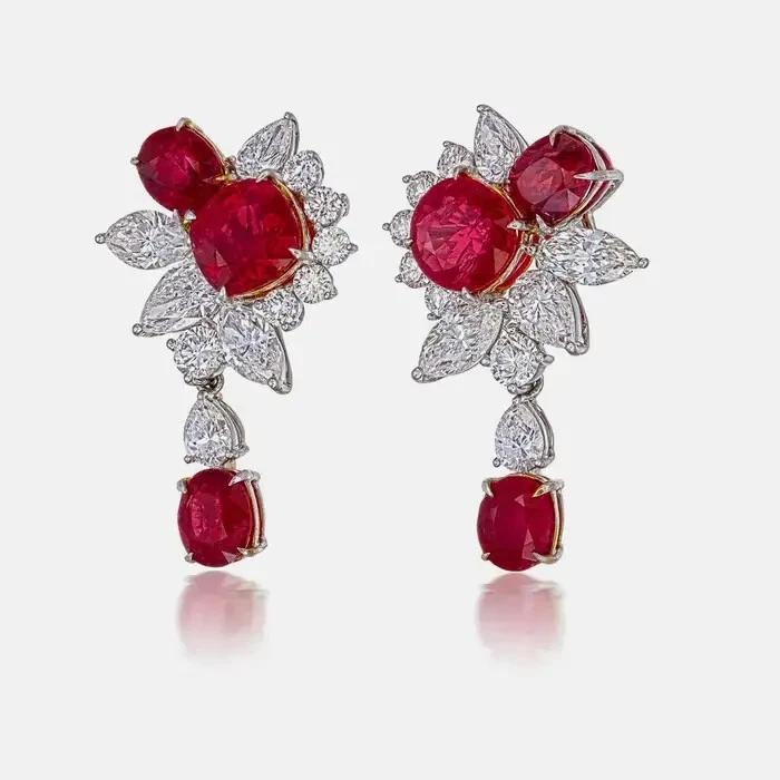 Simulated 5.45CT Pigeon Blood Ruby & White Sapphires Floral Drop-Dangle Earrings - Image 2 of 4