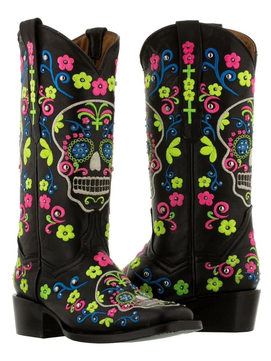 Womens Black Dia De Los Muertos Skull Leather Cowboy Boots Floral
