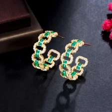 Luxury Fashion Cuban Link Green CZ Round Hoop Earring Brazilian Gold Plated Gift