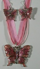 Silver Plate Enamel Crystal Butterfly Necklace and Pierced Earrings Set 5 Colors