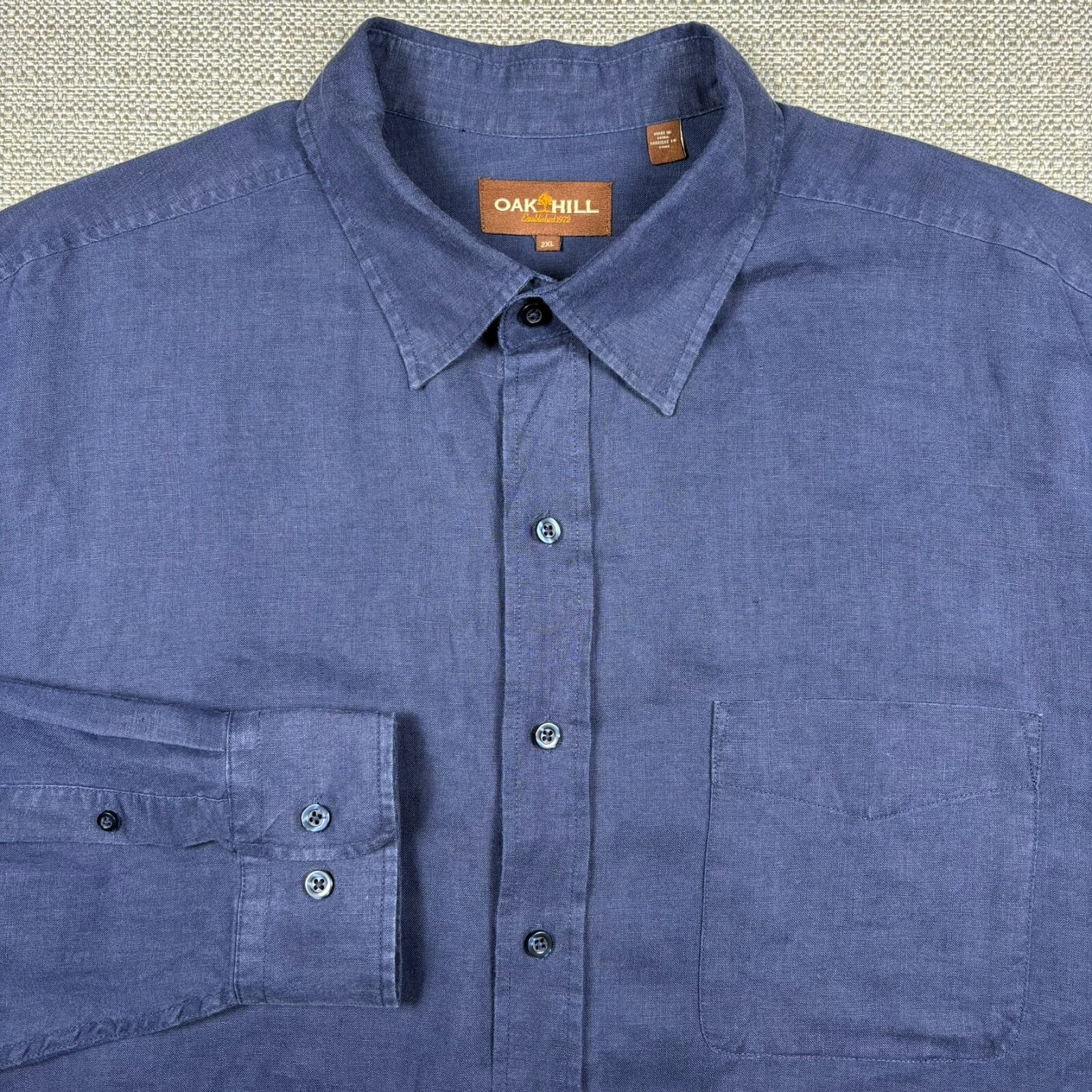 Oak Hill Men's Shirt 2XL 2XB Long Sleeve 100% Linen Blue Solid Blue Relaxed Fit