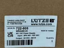 Lutze WRA480-24 24VDC 20A Power Supply, 3ph Input 3PH 400-500 VAC New