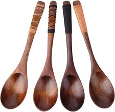 4pc-Handmade Japanese Style Wooden Soup Spoons with Tied Line on Handle New