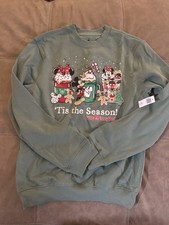 NEW Disney Sweatshirt Adult Small Green Tis The Season Mickey Mouse Christmas