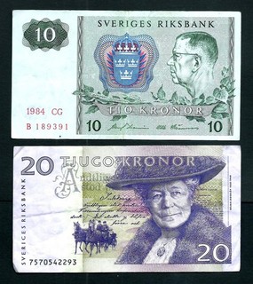 Sweden (P52e) 10 Kronor 1984 aVF & (P63) 20 Kronor 2007 VG