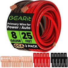 GearIT 8 Gauge Wire CCA Kit 25ft Each- Black/Red Translucent 15 Lugs 20 Heat Shr