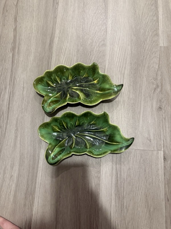 Two Vintage DeForest Of California Green Leaf Pottery Mid Century Retro Dishes