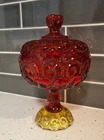 Vintage LE Smith Moon & Stars Large Amberina Pedestal Glass Lidded Dish CRACKED