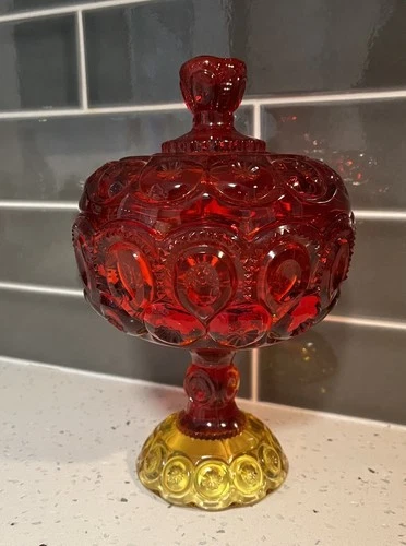 Vintage LE Smith Moon & Stars Large Amberina Pedestal Glass Lidded Dish CRACKED