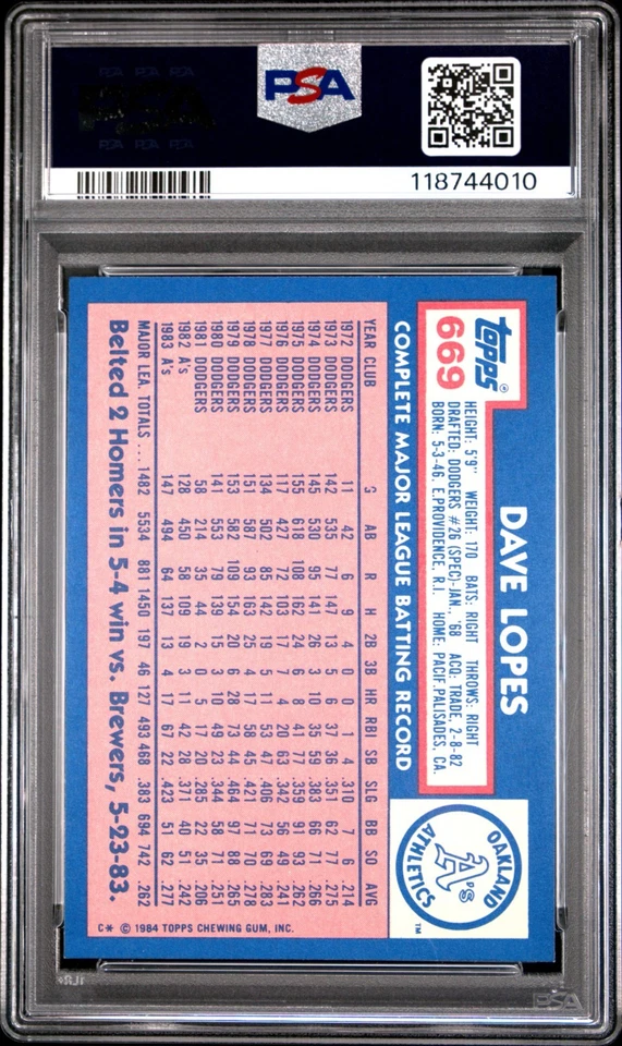 1984 Topps Tiffany Dave Lopes #669 PSA 9 Mint Oakland Athletics Low Pop - Image 4 of 4