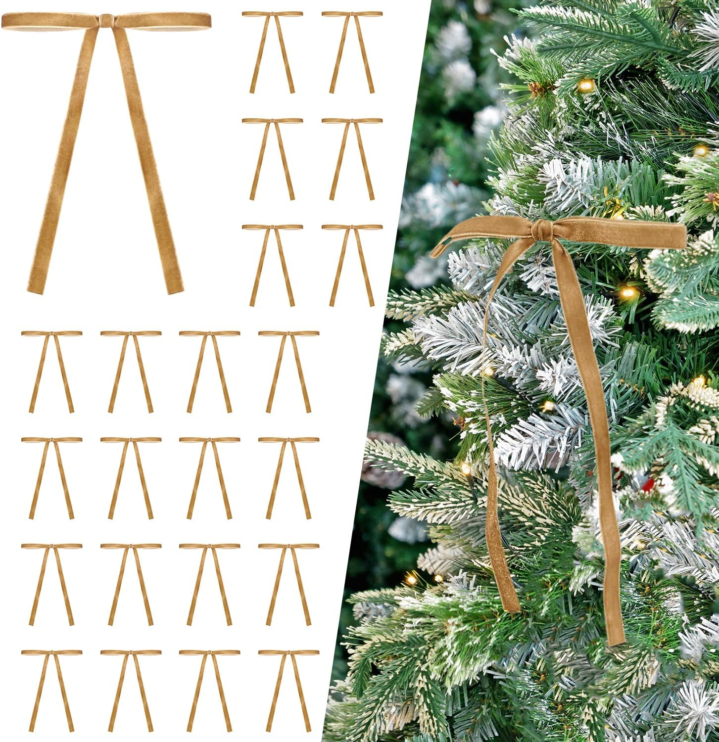 Set of 24 Khaki Brown Velvet Bows Ornaments for Christmas Tree, Vintage Velvet C
